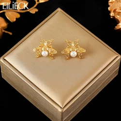 EILIECK 316L Stainless Steel Bee Pearl Stud Earrings For Women Fashion Waterproof Ear Jewelry Party Birthday Gift Bijoux Серьги