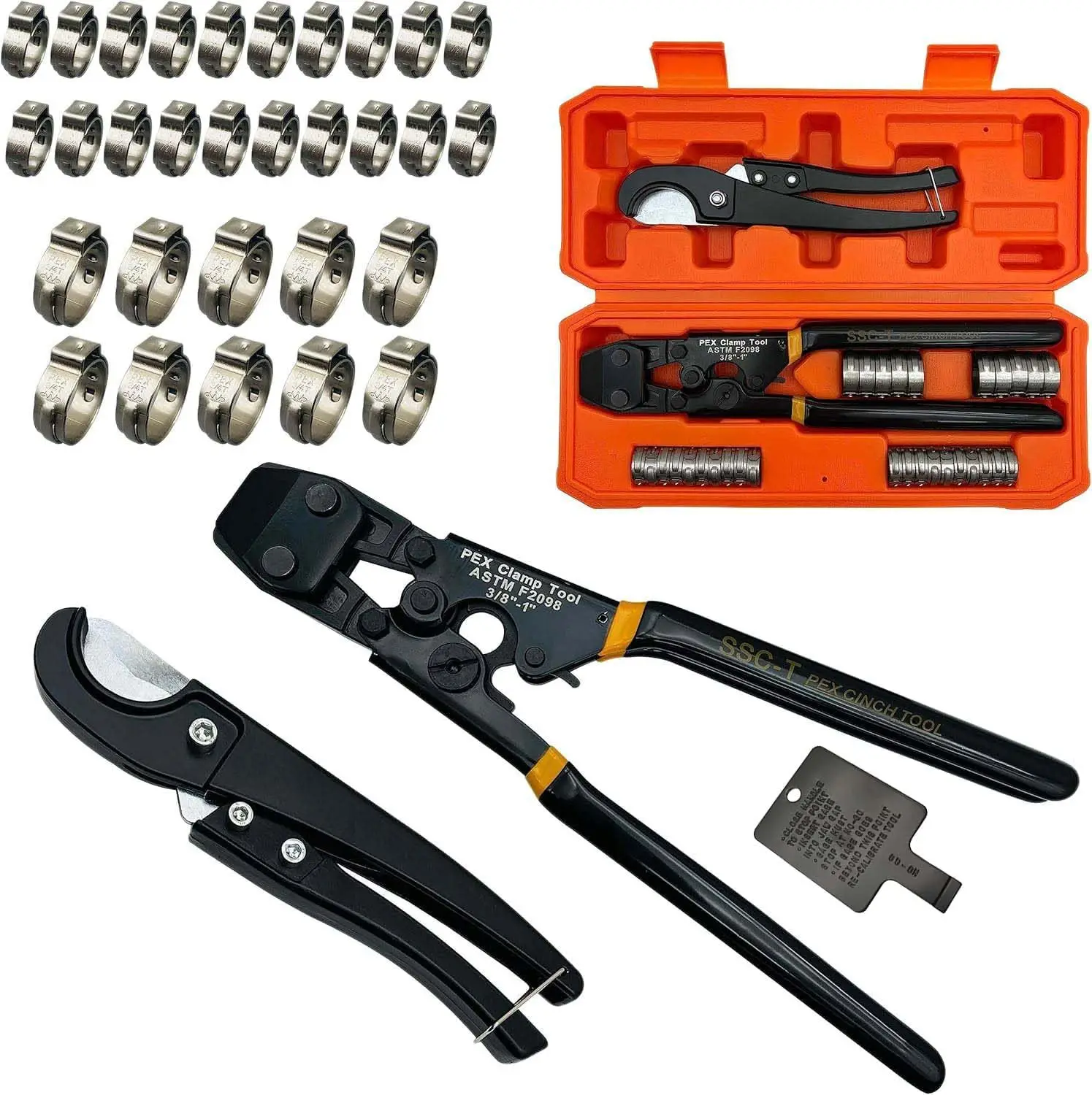 PEX Pipe Clamp Crimping Tool with Ratchet Safety for Stainless Steel Clamps 3/8-inch to 1-inch, Includes Pipe Cutter and 30PCS