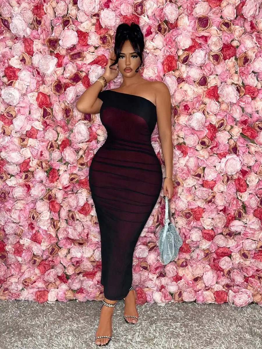 

Black & Burgundy Mesh Contrast One Shoulder Bodycon Dress