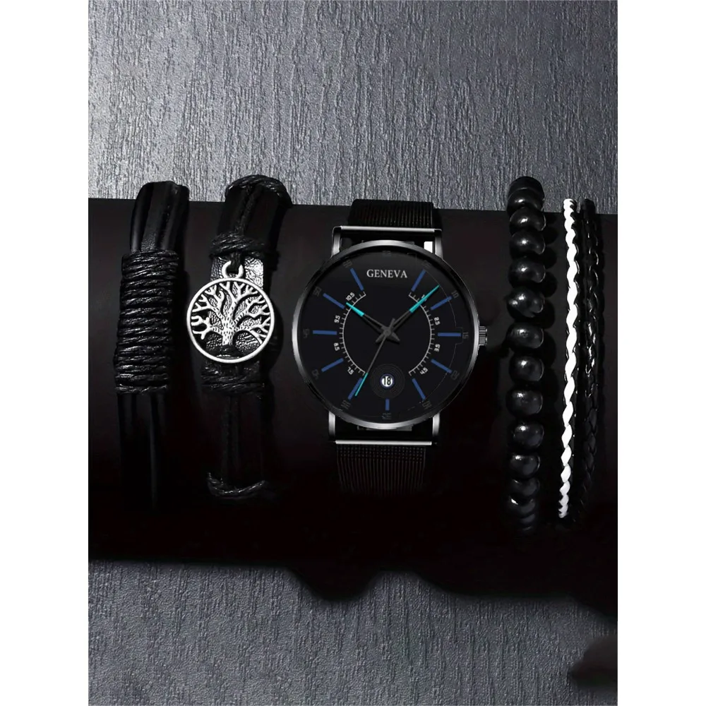 

Fashion men's business watch mesh strap quartz watch classic creative calendar watch set
