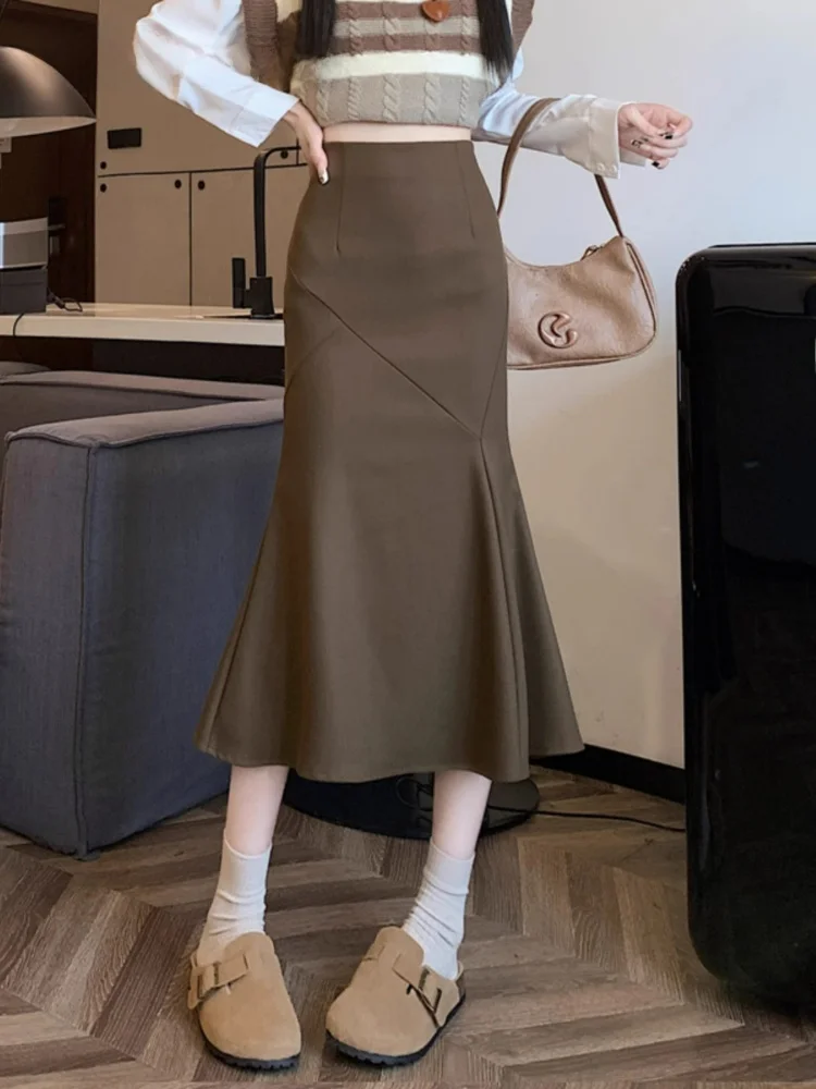 

La Chapelle Brown Woolen Fi Tail f Skirt Women's Early Autumn 2025 New Ele Versatile A-Line Wrap Skirt Commute
