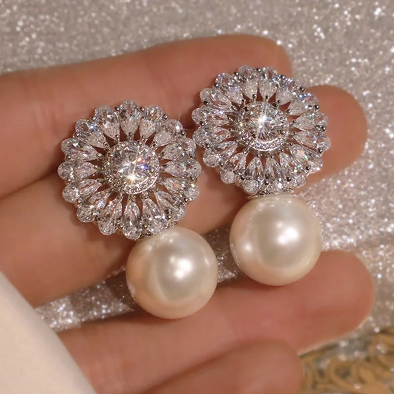 Pendientes de Perlas de Imitación con Flores, Elegantes y Lujosos para Mujer, Incrustados con Circonitas Brillantes, Joyería de Moda para Bodas y Fiestas, Regalos
