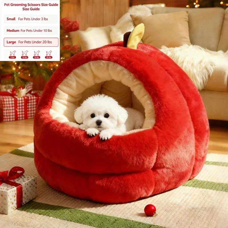Apple Shape Pet Cat Bed Warm Winter Dog House Removable Cushion Soft Plush Small Animals Nest Cave For Christmas Pet Supplies