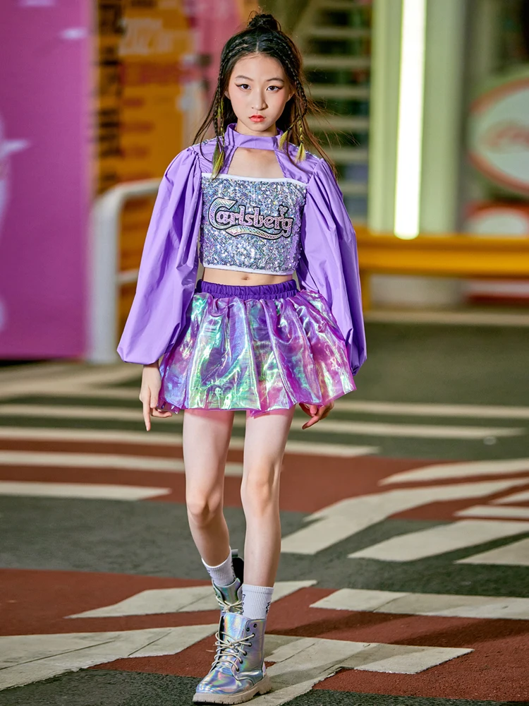 New Modern Dance Hip Hop Clothing For Girls Purple Sequins Outfits Jazz Performance Rave Clothes Children Stage Costumes DN11613