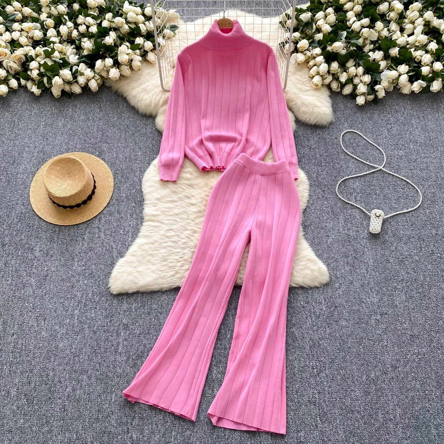 Sexy Basics Long Sleeve Button Knit Two Pieces Sets High Collar Top with High Waist Pants Casual Beach Vacation Sets