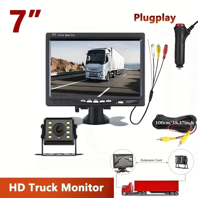 7-Inch TFT LCD Screen Monitor Rear View Reversing Backup Camera Kit with 10m Cable, 8LED Rear View Reverse Backup Truck Camera