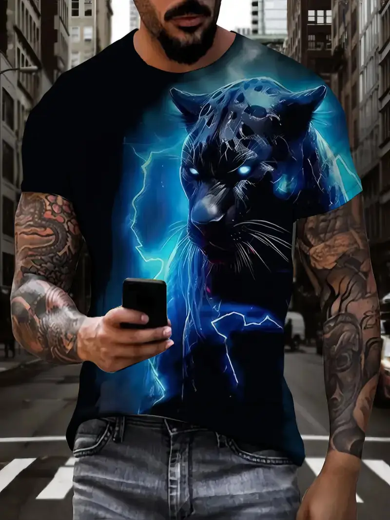 3D Panther Graphic Print T-shirt for Men Summer Casual Short sleeved O-Neck T-shirt Fashion Personality Plus Size Men's Clothing