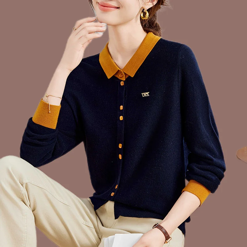 

Casual Color-blocked Knitted Cardigan Lapel Spring and Autumn Fashion Sweater Loose New Long-sleeved Top Versatile