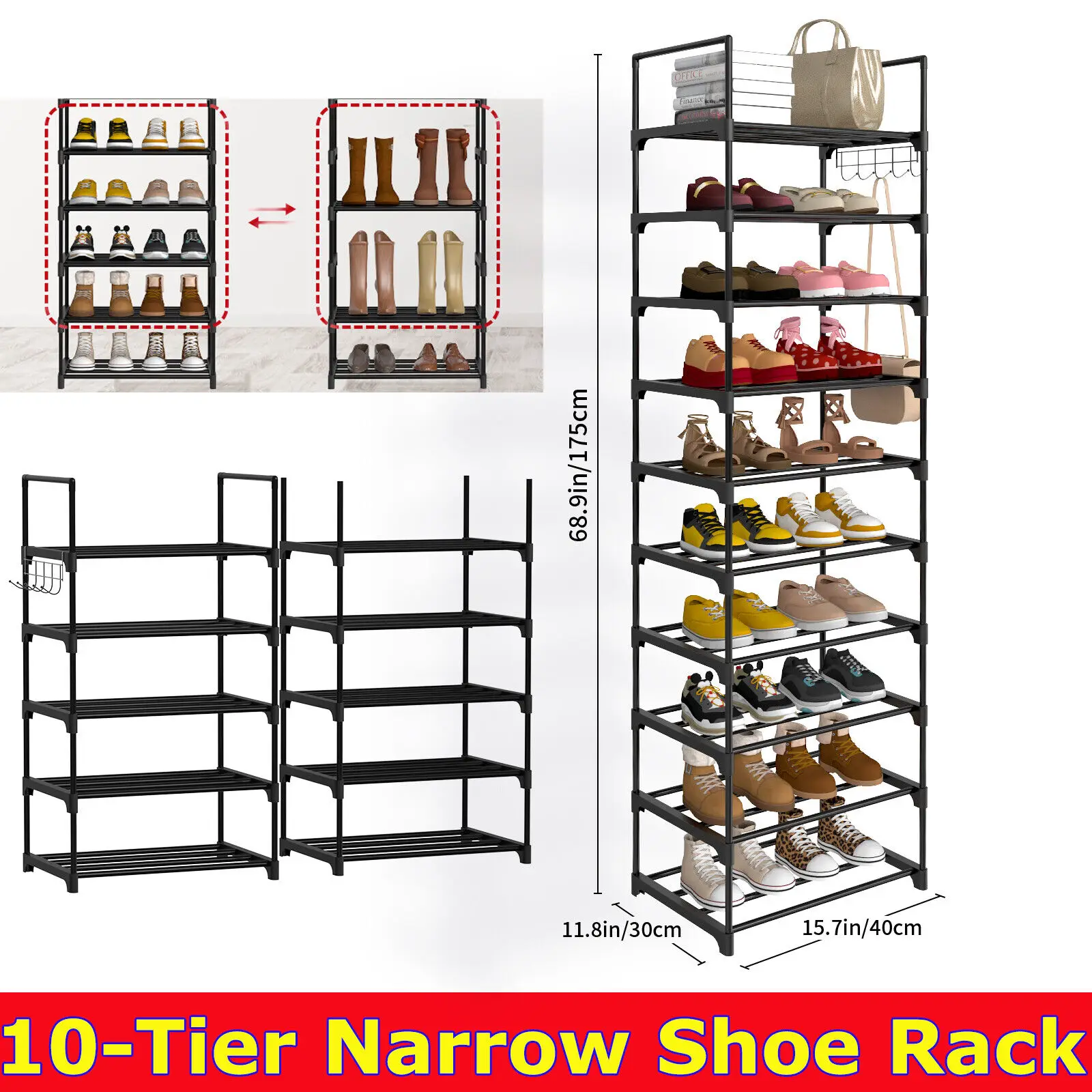 Shoe Rack,10-Tier Metal Shoe Storage Organiser, Metal Frame, Space-Saving Rack,for Room, Hallway STORAGE SHELVES STAND WITH HOOK