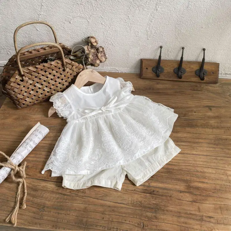 2026 Summer New Baby Girl Flying Sleeve Lace Dress Cotton Girls Cute Princess Dress Solid Infant Sweet Dress Toddler Clothes