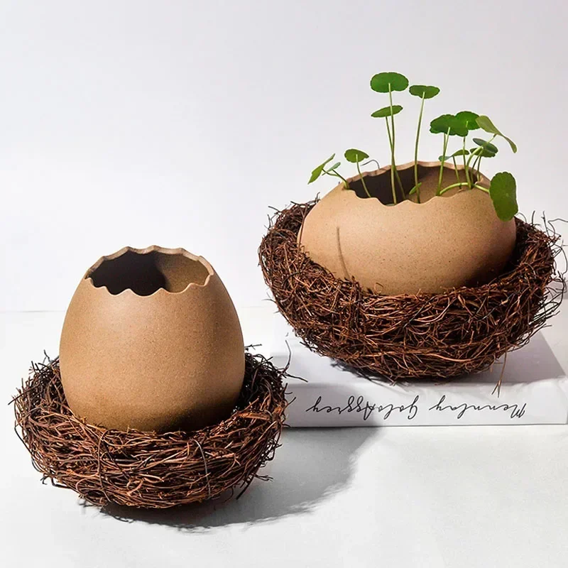 Creative Dessert Bowl Noodle Bowl Hydroponic Egg Shell Ostrich Vase Cute With Nest Home Decoration Modern Simple Ceramic Craft