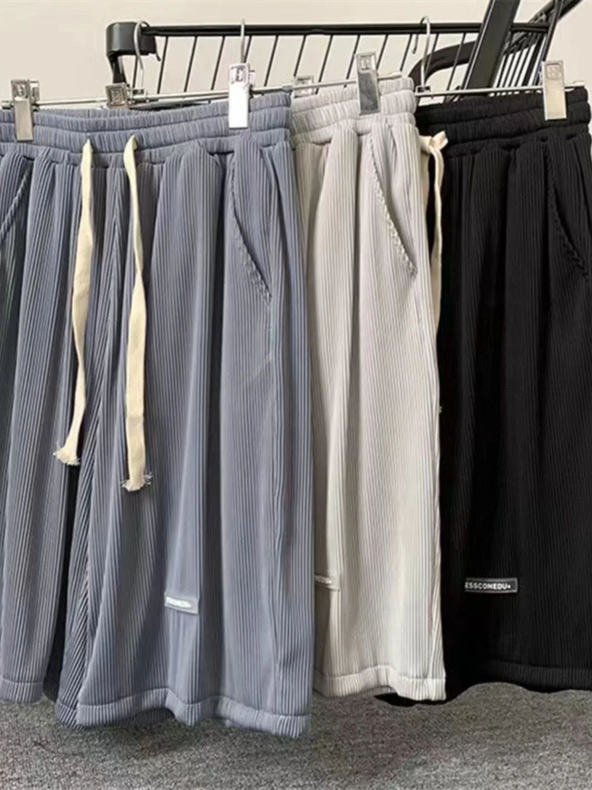 

plus Size Men's Summer Ice Silk Thin Embroidered Logo Casual Pants Loose orts High Waist Straight Leg Basic Color Trendy