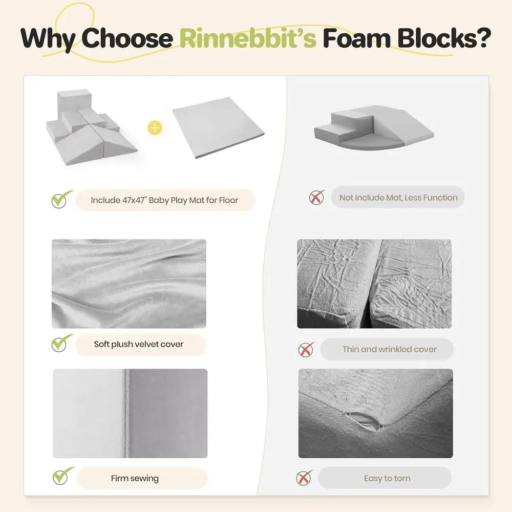 Zestaw piankowych klocków do wspinaczki dla maluchów, 6-elementowy centrum zabaw z matą o wymiarach 120x120 cm, zmywalny pokrowiec, odpowiedni dla dzieci w wieku 1-3 lat (szary)