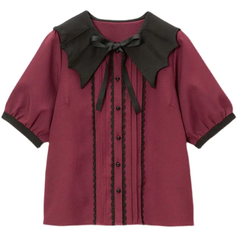 Japanese Style Mine Series Bat Collar Bow Elegant Short Sleeve Shirt Lolita Summer Women Top Summer Fashion Casual Blouse Female