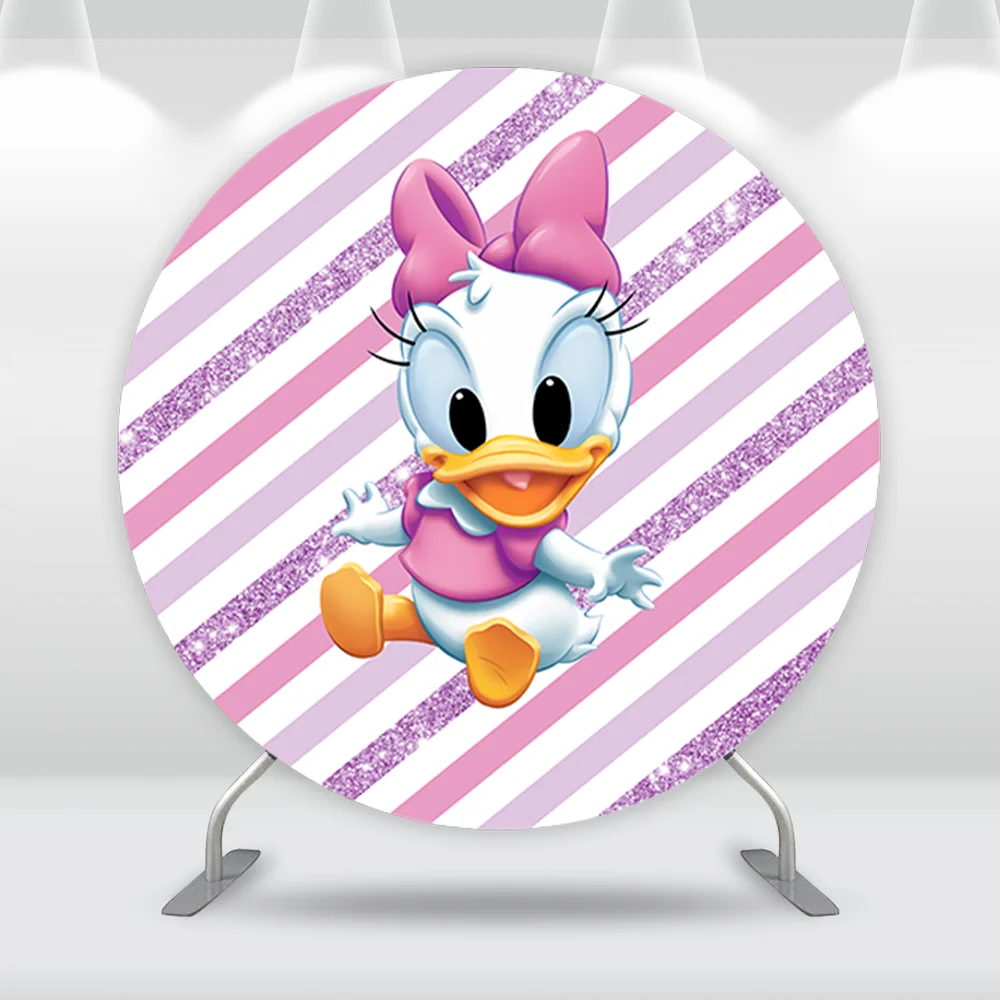 Custom Purple Daisy Duck Baby Shower Round Arch Backdrop Cover for Girls Rainbow Birthday Circle Background Cylinder Covers