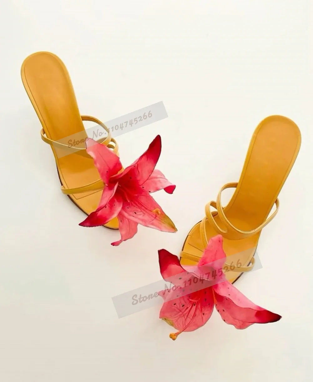 

Большие 3D-мюли на высоком каблуке с красным цветком лилии, оранжевые матовые сандалии без шнуровки с узкими ремешками, красивые свадебные туфли с декором в виде цветов