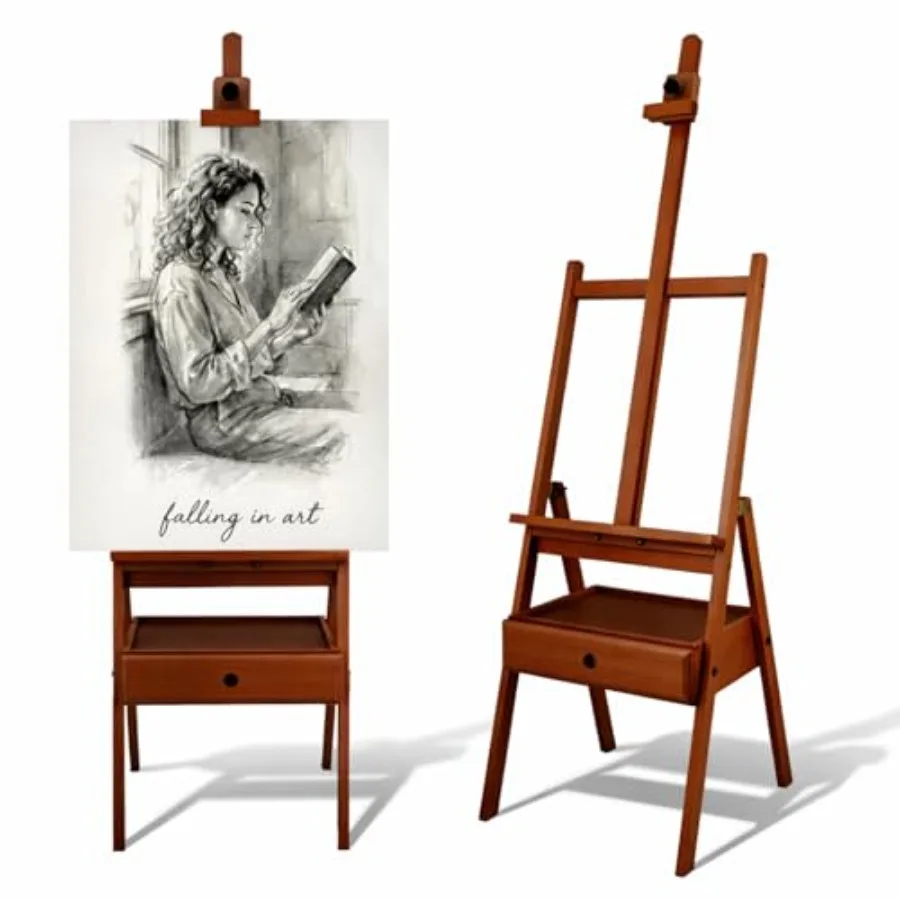 H-Frame Studio Easel with Storage Drawer, Adjustable Beechwood Artist Easel Stand Holds Canvas up to 35 Inches, Suitable for Pa