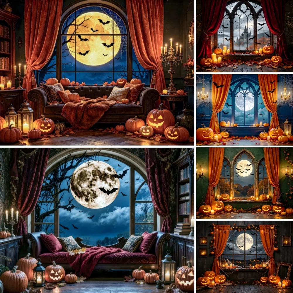 Halloween Horror Moon Night Backdrop Pumpkin Full Moon Bat Window Home Castle Medieval Gothic Party Photography Decor Banner