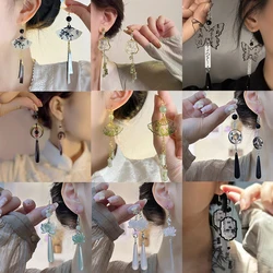 Kiss Jewelry Chinese Traditional Style Fan Lotus Screen Long Dangle Earrings for Women Fashion Elegant Calligraphy Earring Gift