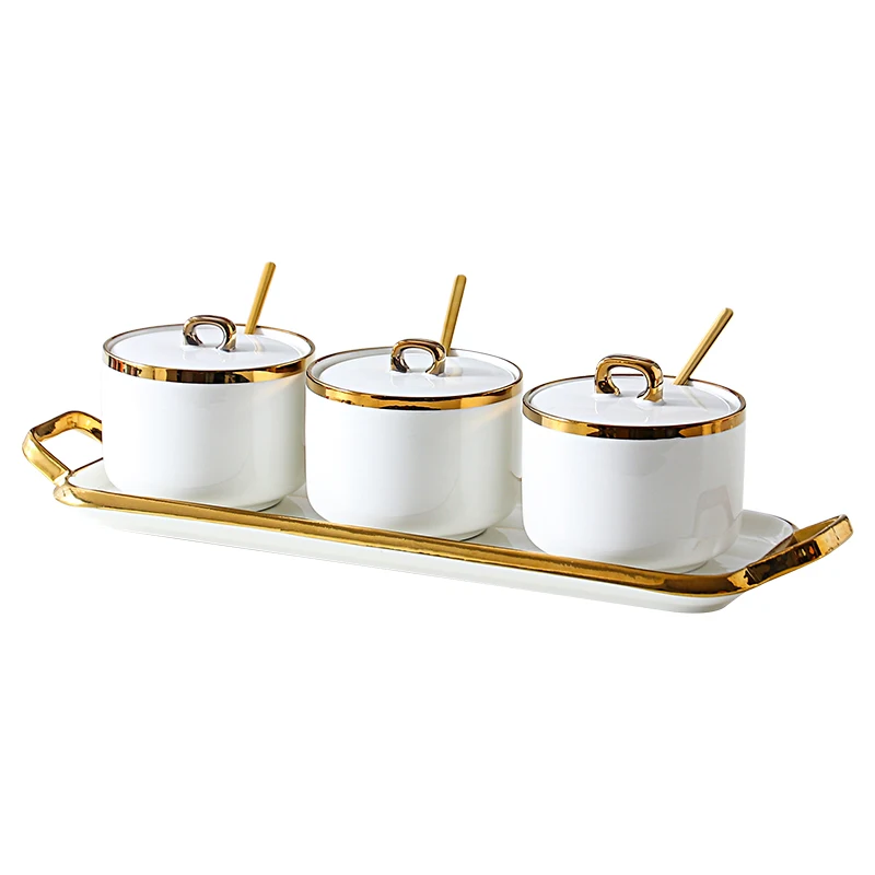 Nordic Ceramic Seasoning Pot Dark Green Gold Pattern Kitchen Storage Box Table Decoration Glass Jars and Lids