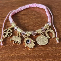 12 Pcs Size Adjustable Rope Alloy Colorful Evil Eye Elephant Fatima Hand Clover Leaf Religious Bracelet
