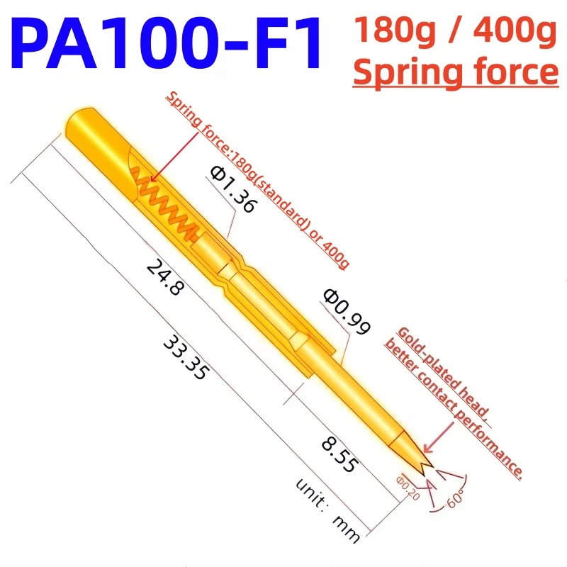 20/100PCS PA100-F1 Spring Test Probe PA100-F Test Pin P100-F P100-F1 Test Tool 33.35mm 1.36mm Needle Gold Tip 0.99mm Pogo Pin