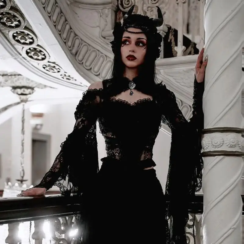 loween Lace Patchwork off oulder Top Casual Versatile oulder Baring Top for Men Long Sve High Waist k Sle T-irt