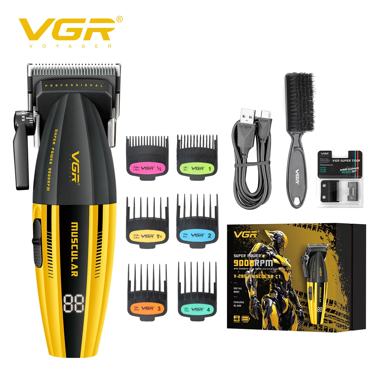 VGR high-end professional electric hair clipper alloy mecha themed electric push shear 9000 RPM LED digital hair clipper V-285