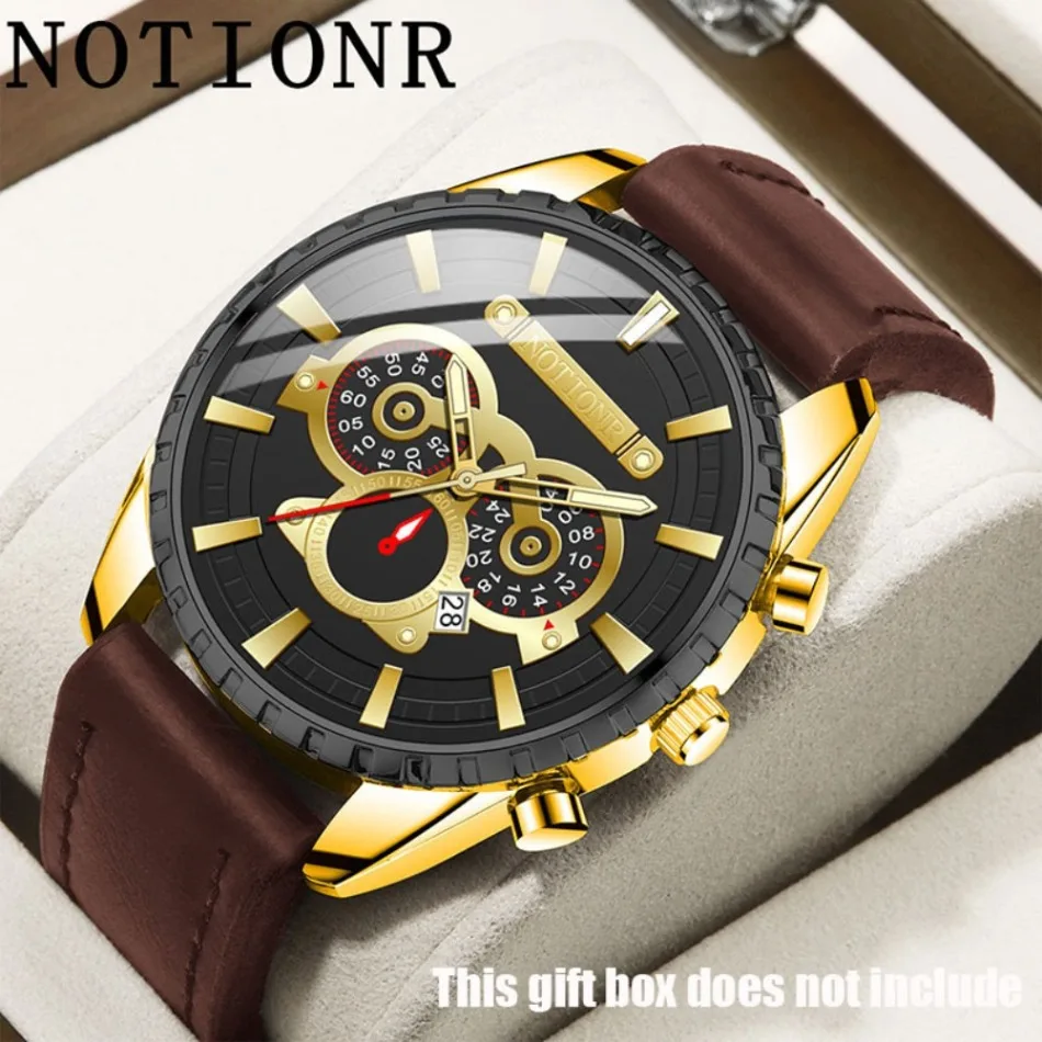 

NOTIONR мужские деловые модные кварцевые часы с золотым циферблатом и календарем, роскошные мужские коричневые спортивные наручные часы из искусственной кожи