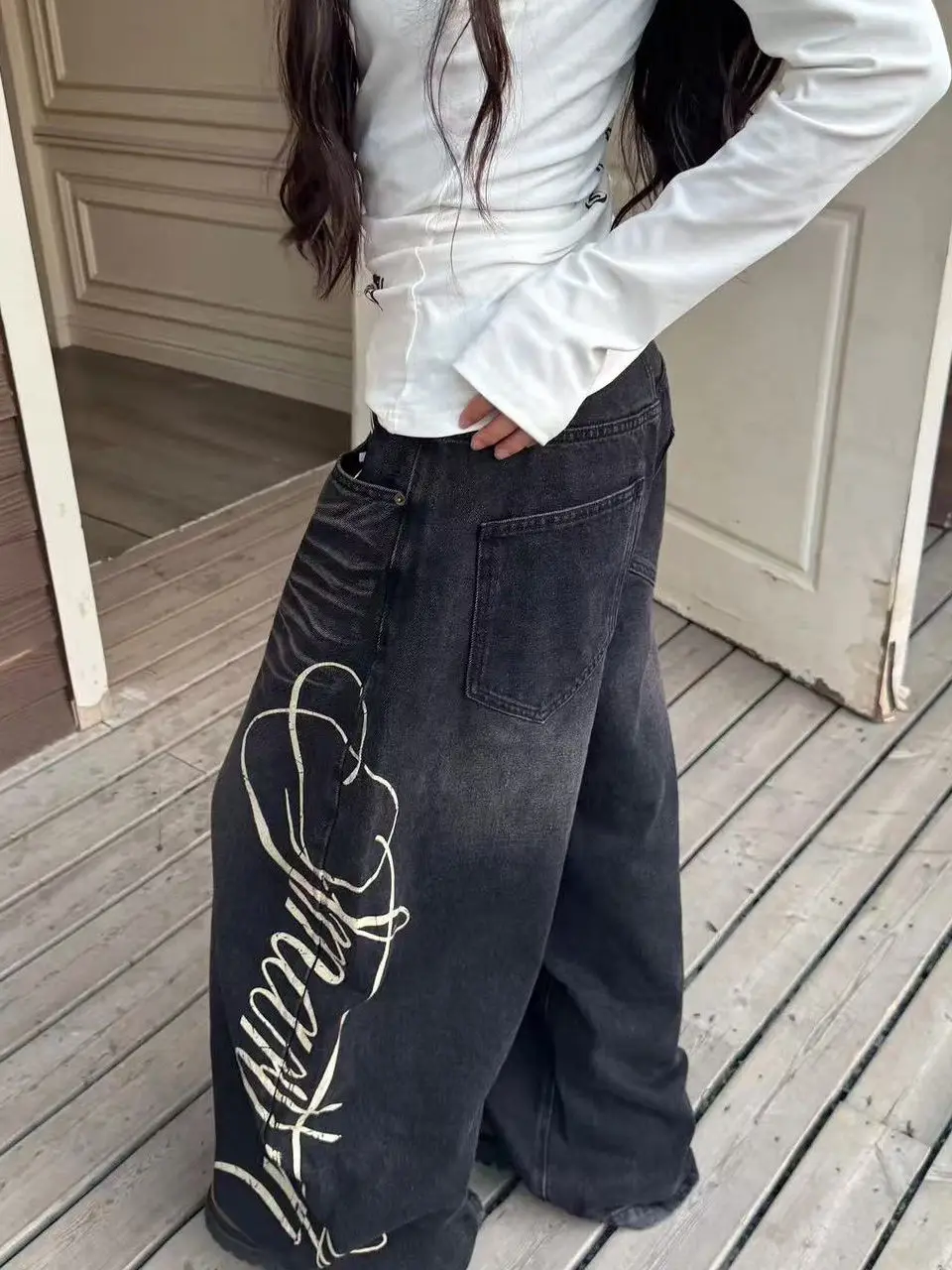

Retro American Waed Letter Print Wide Leg Jeans Loose Casual Straight Cut for Men And Women Street Sle Jeans Cotton Polye...