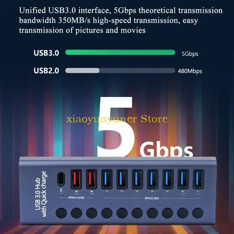 P9JB Hub 10-Port 9x USB + Pemisah Hub Tipe C dengan Sakelar & Adaptor Daya 12V5A 60W