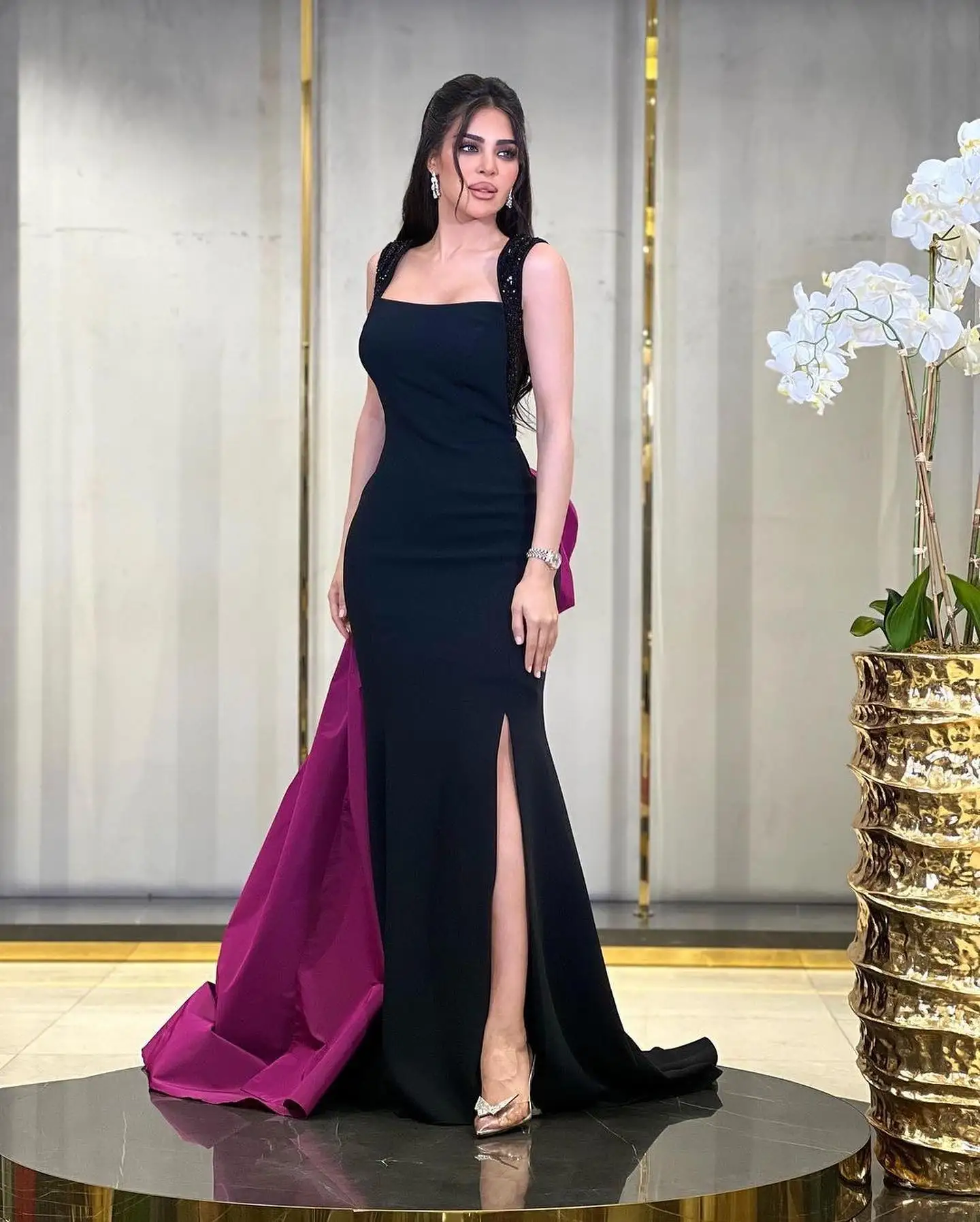 Vestido de noche de satén y Jersey con lentejuelas y encaje exquisito personalizado, tren de Panel de cuello cuadrado de sirena Formal con vestido de fiesta con lazo