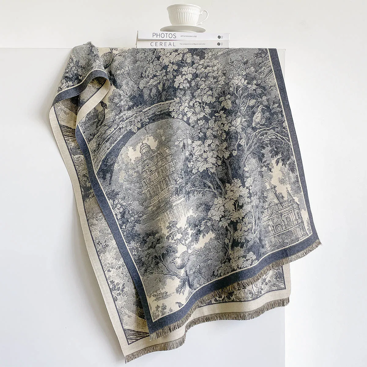 Daily Commute Faux Cashmere Blanket Shawl Women Retro Cream Full Print Elegant Castle Garden Frame Reversible Warm Big Scarf