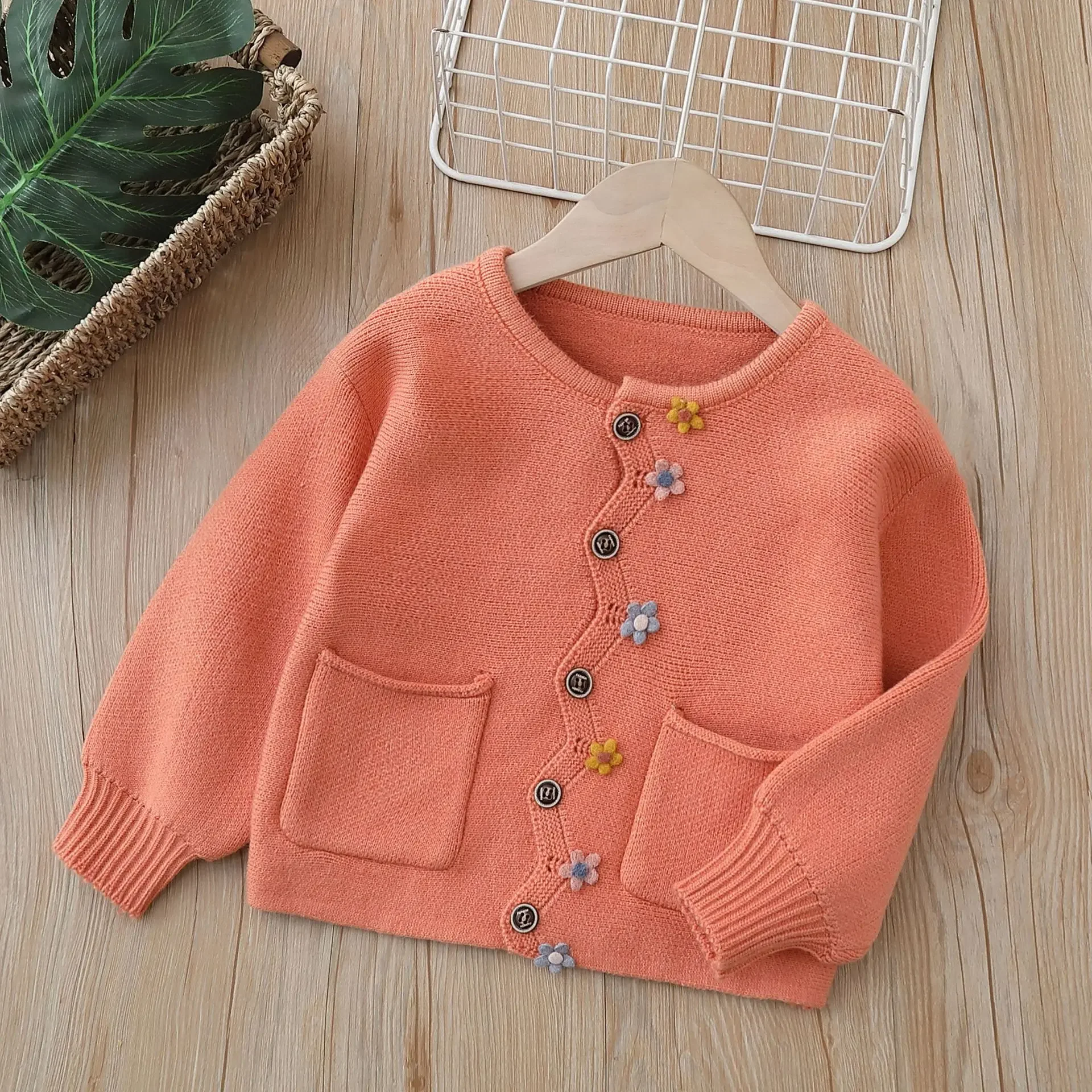 Girl's Cardigan Sweater Jacket Autumn Winter Children's Casual Knitted Jacket With Flower Stickers Girl's Handmade Sweater Top