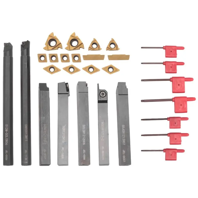 KSOL Lathe Threading Tool Set 21 Pieces - 7 Pcs 1/2Inch Turning Shank Boring Bars with 14 Pcs Indexable Carbide Inserts B