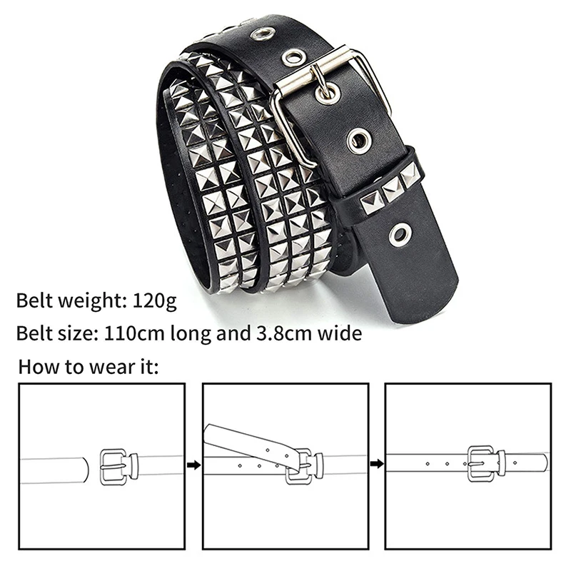 Studded Belt Men Women Punk Pyramid Square Buckle Chain Belt Bonded Leather Rivet Black Leather Belt Waistband For Jeans