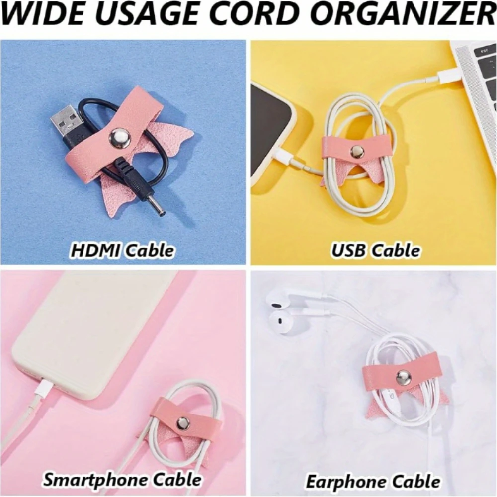 5-Pack PU Leather Cable Clips in Various Colors (Cyan Beige Light Brown Pink Purple) Bow Shape Storage And Organization for USB/