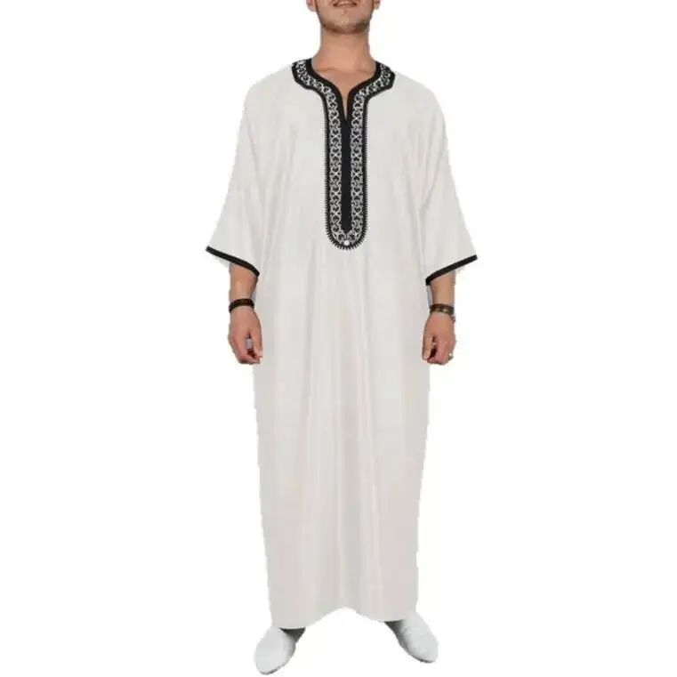 2025 신상 아랍 두바이 말레이시아 남성 자수 루즈핏 반팔 로브 롱 드레스 로브 아바야 라마단 두바이 럭셔리 이슬람 우아한 의상