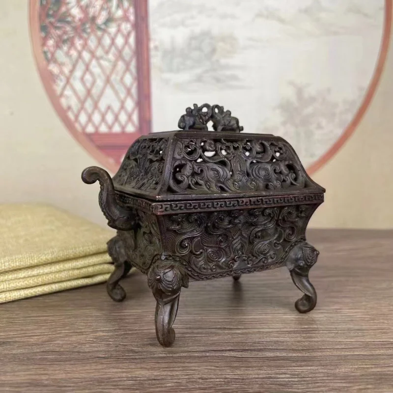 

Antique Style Hollow Double Pixiu Four-Legged Elephant Head Incense Burner Home Indoor Retro Covered Incense Burner