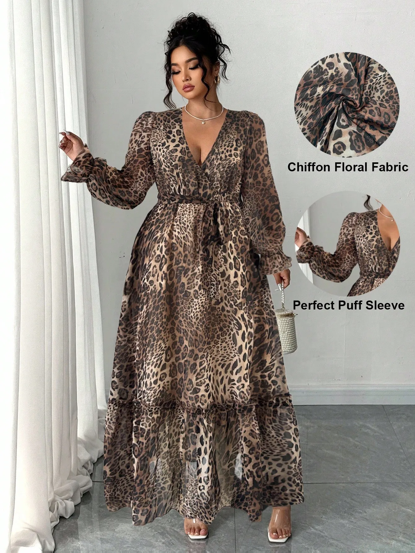 

Женское макси-платье с V-образным вырезом, леопардовым принтом, пышными рукавами и завязками на талии