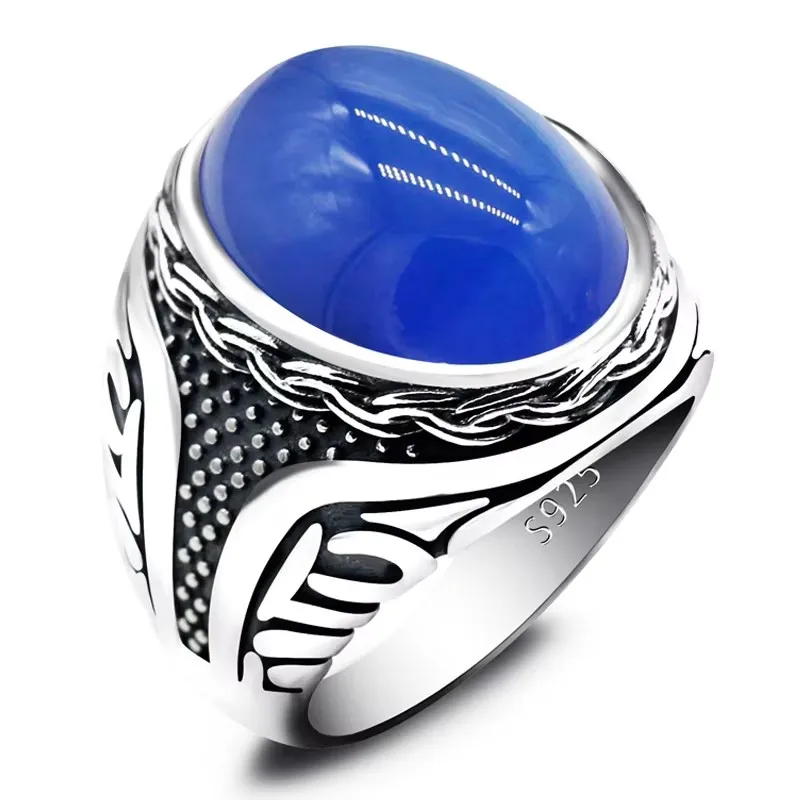

S925 sterling silver ring handmade jewelry holiday gift natural blue agate retro fashion luxury holiday party jewelry gift