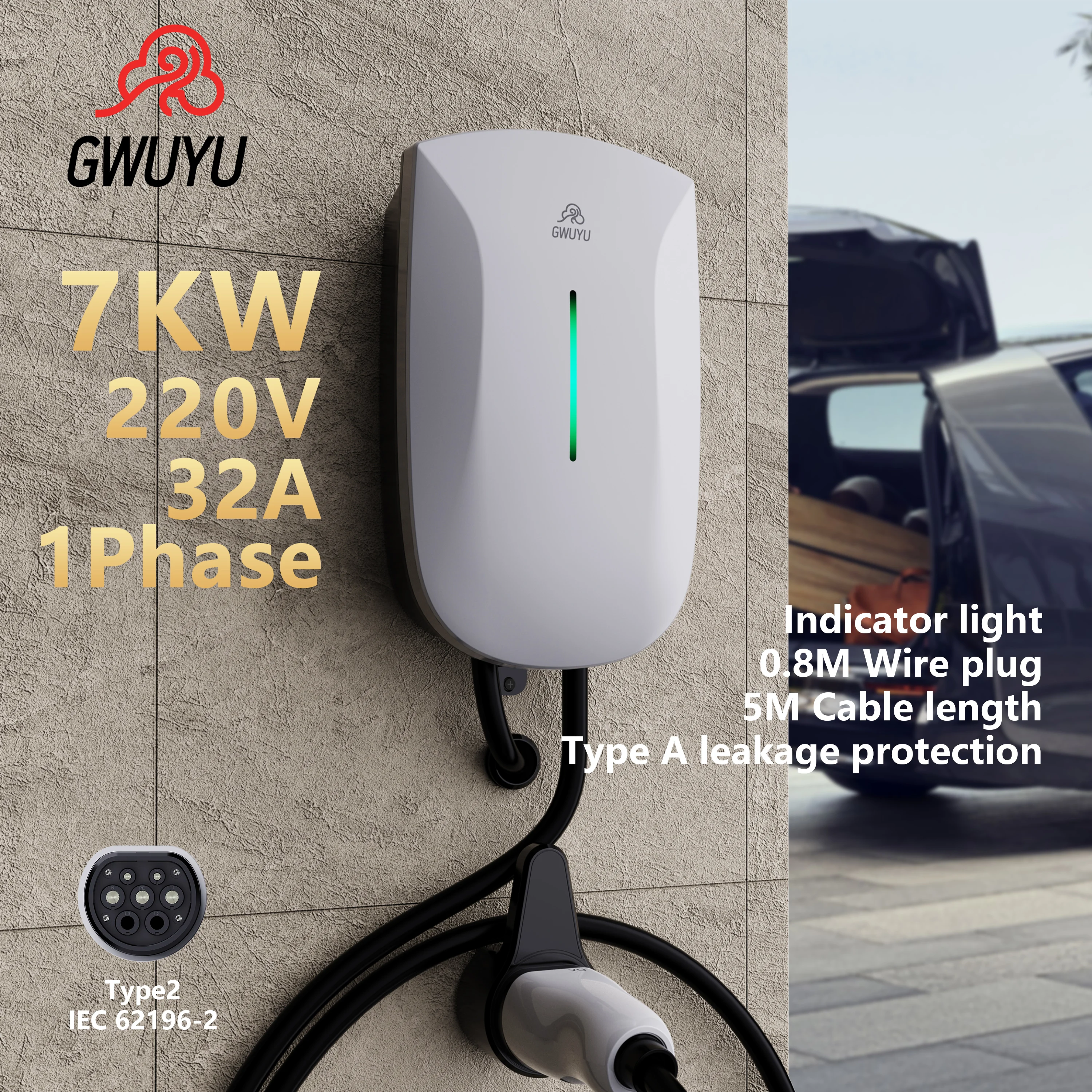 GWUYU JZ30 EV-laadstation Type 2 7,6 W 32A 3-fase 22 kW Wallbox Autolader voor elektrische voertuigen Plug-and-Play naden Vald Musta Turismo