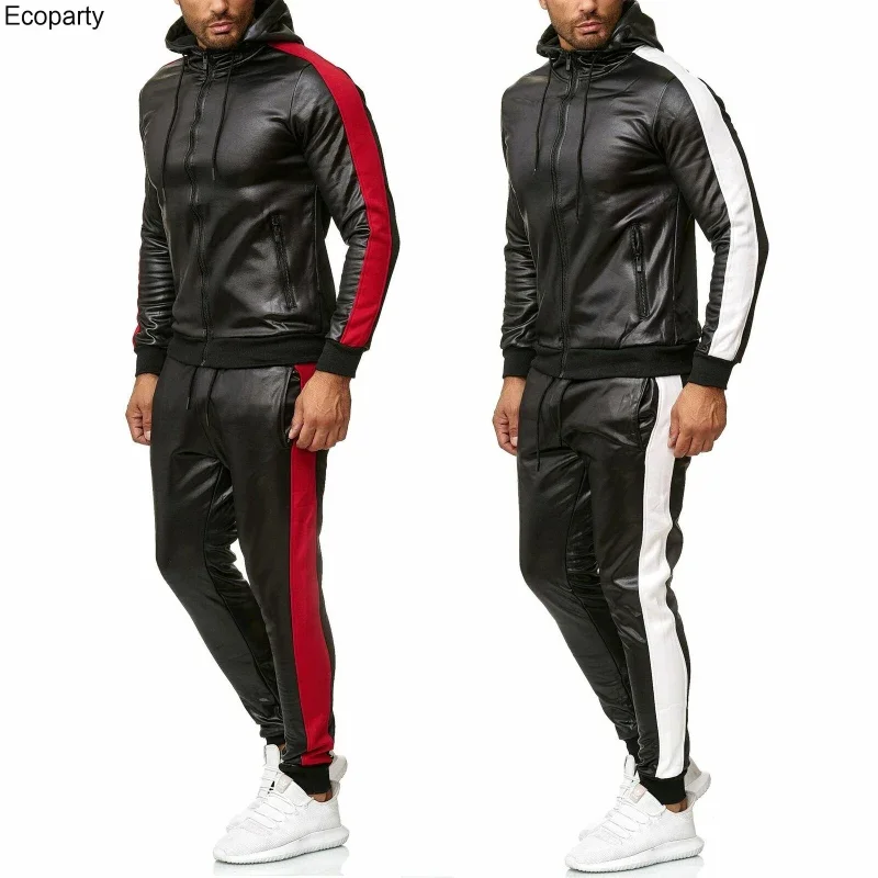

2pcs Men's Fashion Pu Leather Hoodies Pants Suit Spring Autumn Black Leisure Long Sleeves Hooded Jogging Set Tracksuits For Man