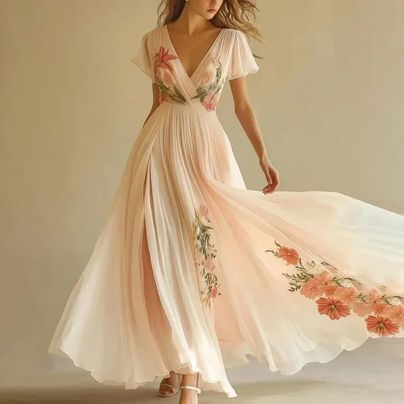 

Summer V Neck Floral Print Lady Chic Evening Gown Women Elegant Short Sleeve High Waist Party Dresses 2025 Women Holiday Dress