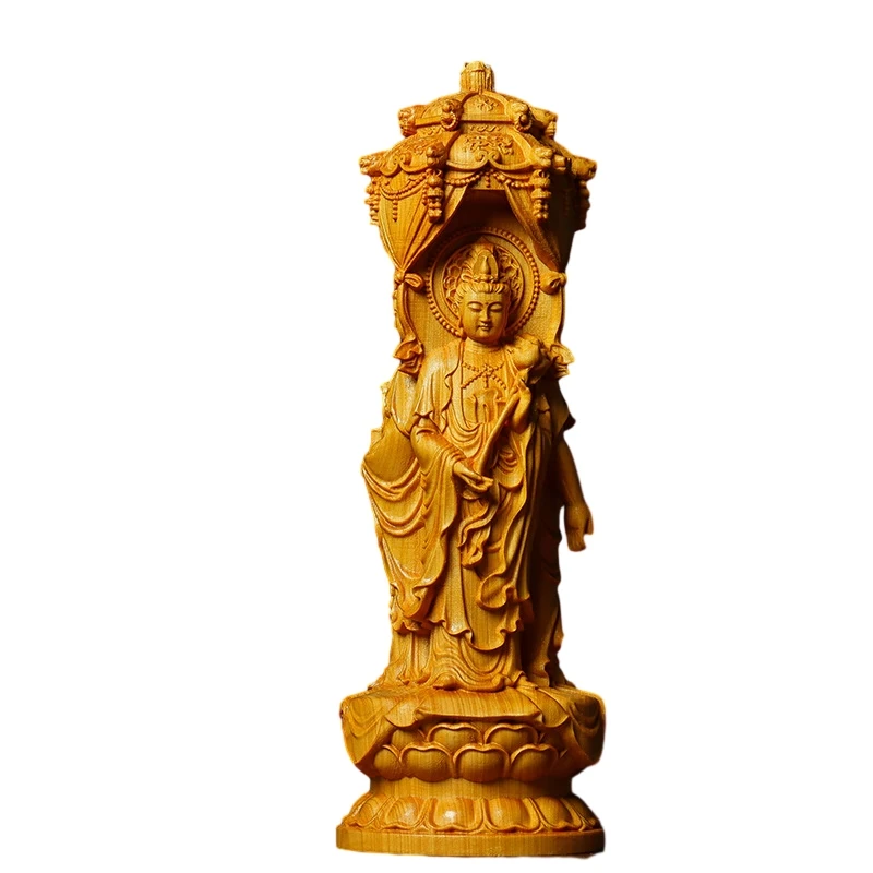 Imagem -04 - Estatueta de Buda em Madeira Três Santos Estátua Guanyin Amitabha Home Decor Escultura Ornamento em Madeira 20cm