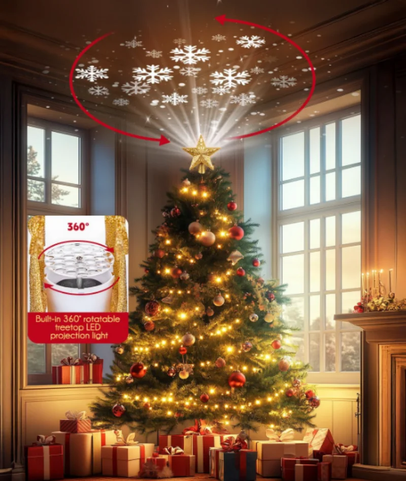 Rotating Snowflake Projection Lamp EU/US Plug Christmas Tree Top Decoration with LED Christmas New Year Holiday Tree Decoration