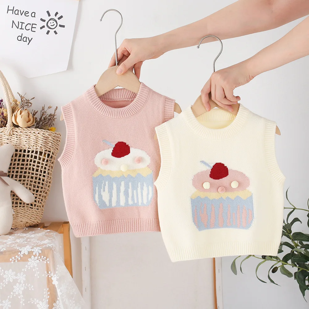 Sweet Baby Girls Knitted Vest Spring Autumn Sleeveless Cartoon Casual Tops Toddler Girl Pullover Sweater Knitwear