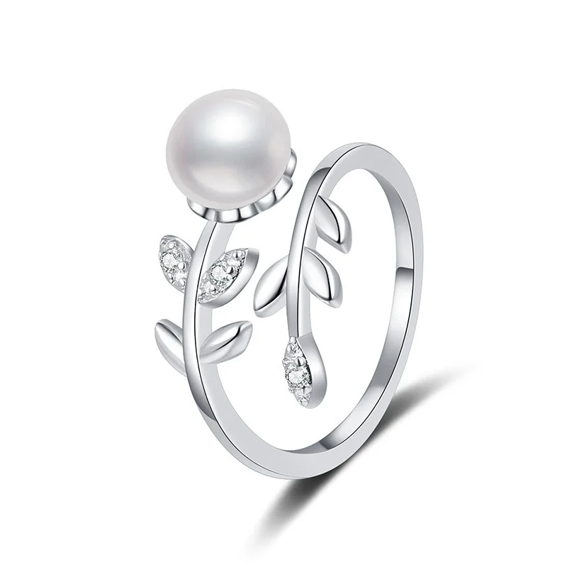 

ZFSILVER s925 Silver Fashion Design Luxury Trendy High Quality Zircon Pearl Leaf Ring For Charms Women Party Jewelry Gifts JR052