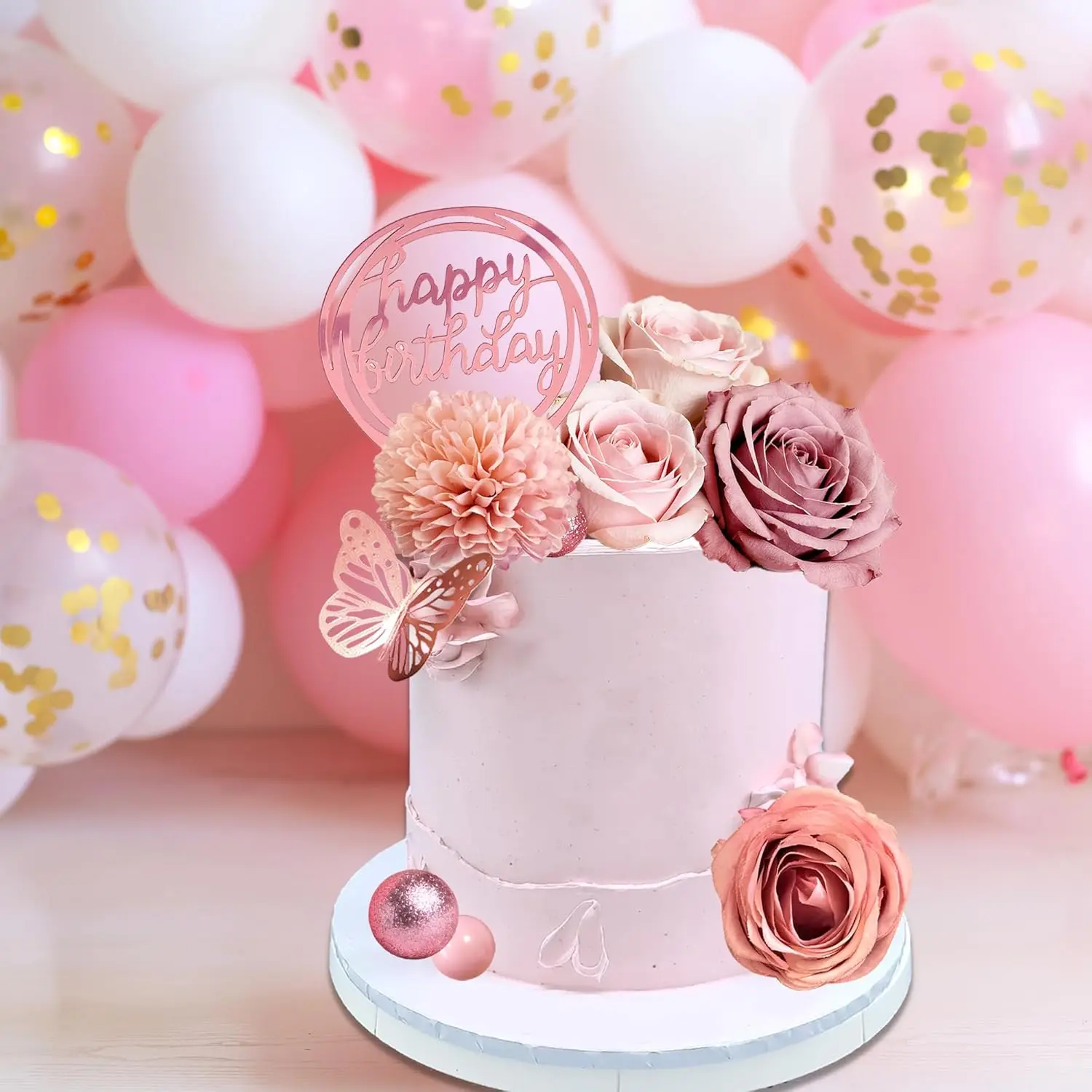 Blumen-Kuchenaufsätze, alles Gute zum Geburtstag, Kuchendekorationen mit Blumen, Schmetterlingskugeln für Hochzeit, Babyparty, Geburtstagsparty-Zubehör – Detail 5