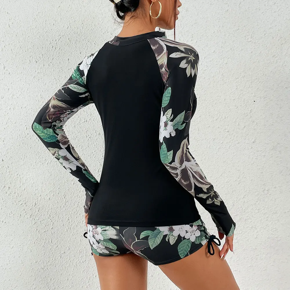 Women\'s Surfing Rash Guard Swimwear Long Sleeve Rashguard Biking Shirts Surf Top Retro Print Running Shirt Two piece Swimsuit